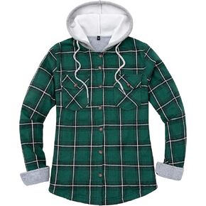 Womens Fleece Hooded Flannel Shirts Plaid Button Down Flannel Shirt Hoodie Jacket with Pockets