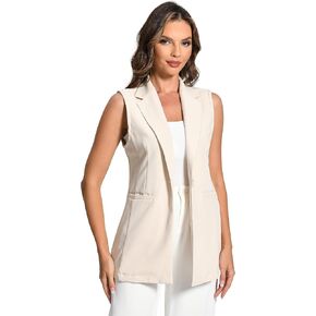 سترة Foucome النسائية الطويلة بدون أكمام وطية صدر السترة بدلة مكتب سترات كاجوال سترة صوفية in Kuwait