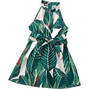 SHENHE Girl's Tropical Print Halter Sleeveless Tie Waist Short A Line Dresses