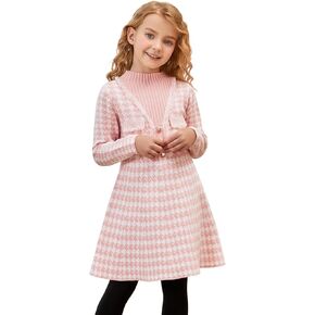 Jxstar Girls Knitted Sweater Dresses Kids Houndstooth Flare Winter Dress