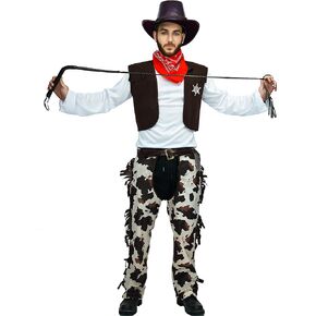 لوازم حفلات ماكسيموم طقم زي رعاة البقر الفاخر للرجال البالغين للهالوين من 7 قطع يتضمن سترة وشرائط وحزام وقبعة جلدية ومنديل للرقبة وسوط جلدي وشارة نجمة in Kuwait