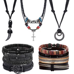Sanfenly Mens Leather Necklace Bracelet Jewelry Set Black Brown Vintage Tribal Wolf Tooth Cross Double Circle Pendant Necklaces Handmade Wood Bead Braided Bracelets Wristbands Adjustable