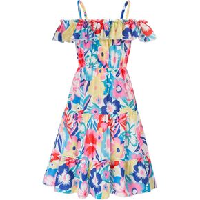 GRACE KARIN Girls Summer Dress Off Shoulder Ruffle Floral Spaghetti Strap Casual Sundress Tiered Midi Dress