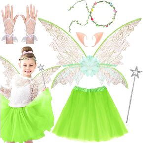 Liitrsh 6 Pcs Girl Princess Wings Costume Set, Green Tutu Elf Ears Wand Flower Crown and Lace Gloves for Kids 3 to 8 Years Halloween Cosplay Dress up Party in Saudi Arabia