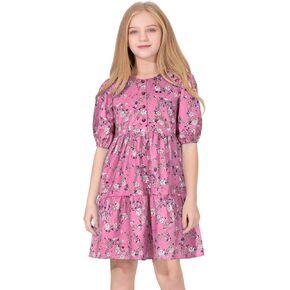 Quedoris Girls Casual Dress Printed and Solid Color Lantern Sleeve Loose Flowy Swing Shift Dress with Button