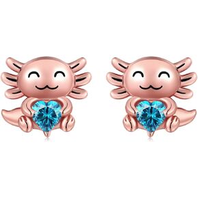 925 Sterling Silver Axolotl Stud Earrings for Women 1-12 Month Birthstone Adorable Axolotl Ear Stud Cute Animal Birthday Jewelry Gifts for Girls Daughters Granddaughter