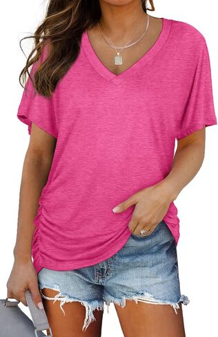 WIHOLL Womens Summer T-Shirts Short Sleeve V Neck Dolman Tops with Side Shirring Loose Fit Shirts Spring Fashion in Saudi Arabia