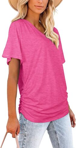WIHOLL Womens Summer T-Shirts Short Sleeve V Neck Dolman Tops with Side Shirring Loose Fit Shirts Spring Fashion in Saudi Arabia