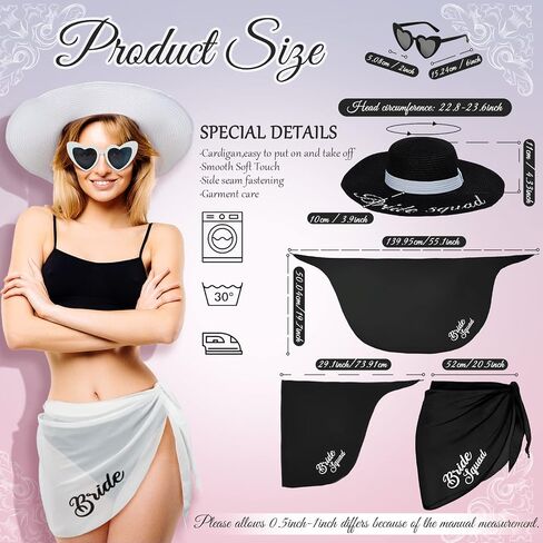 Jiuguva 8 Pack Bride Cover up Sun Hat Coverup with Heart Sunglasses Bride Beach Sarongs Cover up Set Bridesmaid Sarong Cover up Bikini Wraps Cover up White, Black in Saudi Arabia