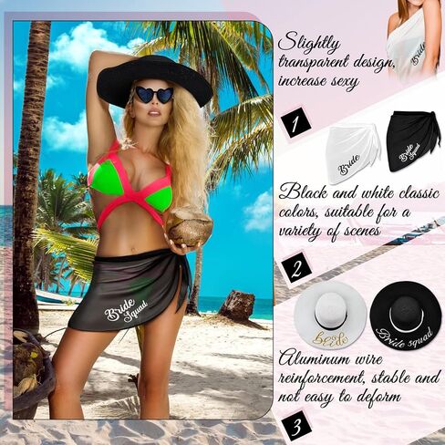Jiuguva 8 Pack Bride Cover up Sun Hat Coverup with Heart Sunglasses Bride Beach Sarongs Cover up Set Bridesmaid Sarong Cover up Bikini Wraps Cover up White, Black in Saudi Arabia