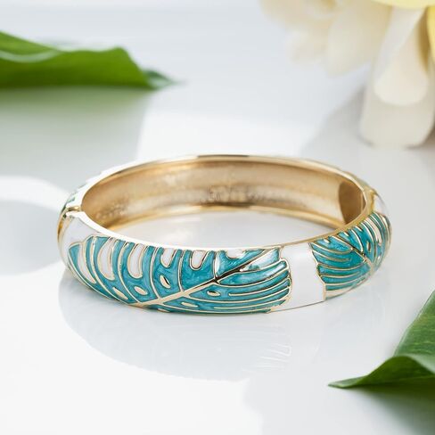 Aloha Jewelry Company Hawaiian Monstera Luau Leaves Hinged Clasp Fashion Enamel Bangle Bracelet in Kuwait