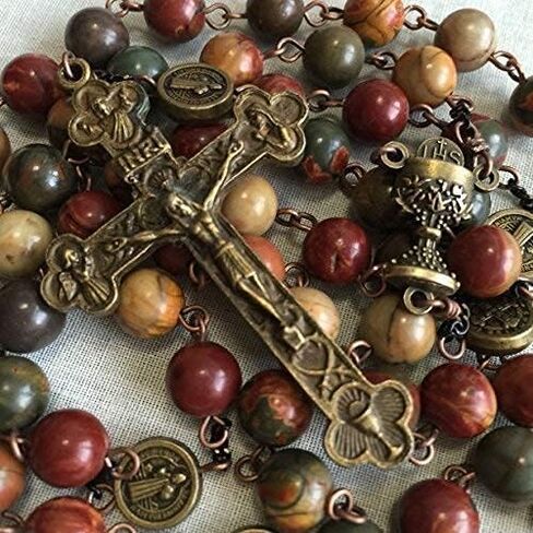 elegantmedical HANDMADE Catholic First Communion PICASSO STONE Beads 5 DECADE Rosary Gift Cross Necklace in Saudi Arabia