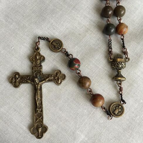 elegantmedical HANDMADE Catholic First Communion PICASSO STONE Beads 5 DECADE Rosary Gift Cross Necklace in Saudi Arabia