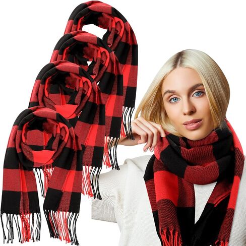 4 Pcs Winter Buffalo Plaid Blanket Scarf for Women Kids Neck Wrap Scarf Bulk Buffalo Black and Red Check Scarves Grid Warm Scarf Soft Chunky Surface for Family Women Men Kid Girl and Boy Dog Xmas in Saudi Arabia