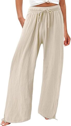 utcoco Wide Leg Linen Pants for Women Casual Loose Fit High Waisted Pants with Drawstrings in Saudi Arabia