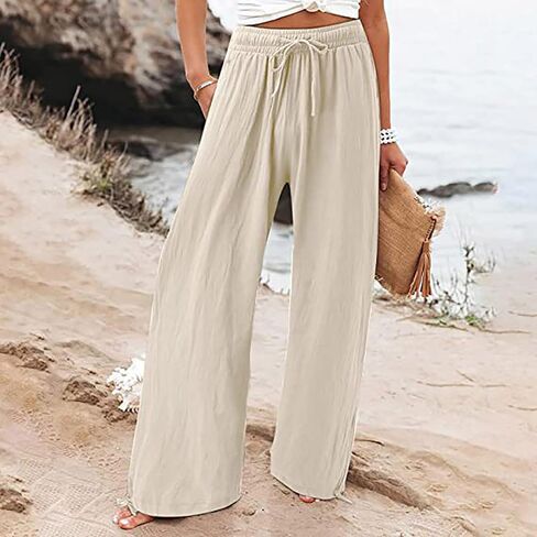 utcoco Wide Leg Linen Pants for Women Casual Loose Fit High Waisted Pants with Drawstrings in Saudi Arabia