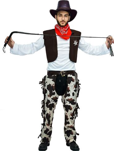 لوازم حفلات ماكسيموم طقم زي رعاة البقر الفاخر للرجال البالغين للهالوين من 7 قطع يتضمن سترة وشرائط وحزام وقبعة جلدية ومنديل للرقبة وسوط جلدي وشارة نجمة in Kuwait