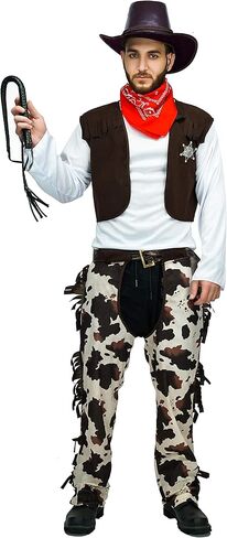 لوازم حفلات ماكسيموم طقم زي رعاة البقر الفاخر للرجال البالغين للهالوين من 7 قطع يتضمن سترة وشرائط وحزام وقبعة جلدية ومنديل للرقبة وسوط جلدي وشارة نجمة in Kuwait