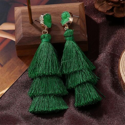MALOYANVE Layered Tassel Earrings for Women Girls Colorful Bohemian Tree-shaped Tiered Tassel Druzy Stud Dangle Drop Earrings Costume Jewelry Birthday Christmas Valentines Day Gift in Kuwait