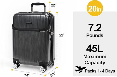 NEWCOM Hardside Carry On Luggage Front Opening Suitcase With USB Charging Port, TSA Lock, double wheel 20-inch gray in Kuwait