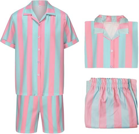 RAAIBB Ken Costume Men Adult 2023 Movie Cosplay Suit Striped Shirt Shorts Beach Vacation Outfit Halloween Costumes in Kuwait