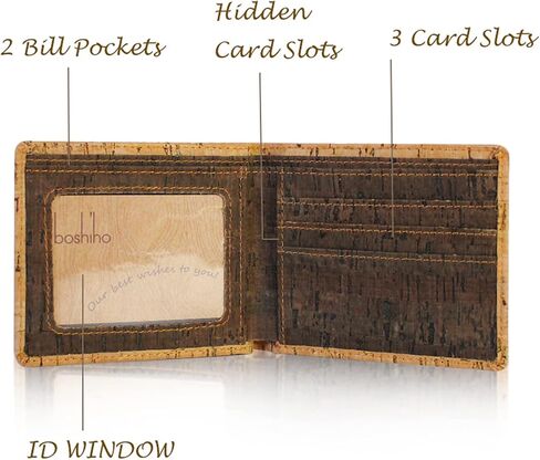 boshiho Slim Bifold Cork Wallet Minimalist Design Credit Card Holder Made in Kuwait