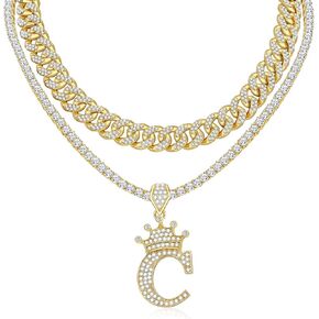 WFYOU Cuban Link Chain for Women Crown Gold Initial Pendant Necklace 18K Gold Plated Alphabet Letter Pendant Choker Hip Hop Diamond Chain Custom Name Necklace Trendy Dainty Rapper Jewelry Gift
