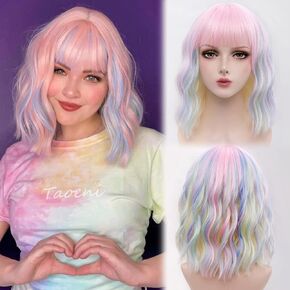 Taoeni Rainbow Wig With Bangs Short Colorful Wigs Costume Short Curly Bob Wigs For Girl Party Anime Wigs Synthetic Heat Resistant Shoulder Length Pink Wig For Daily Halloween Cosplay in Saudi Arabia