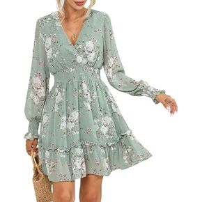 Prettywear Women's Floral Chiffon Long Sleeve Mini Dress Flowy A-Line Wrap Neck Tie Back Short Dress