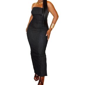 Flamingals Women's Zip Back Split Hem Strapless Maxi Dress Casual Dress in Kuwait