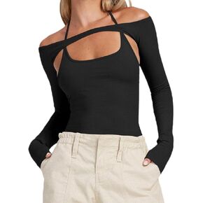 popvil Women's Sexy Backless Long Sleeve Bodysuit Halter Bodycon Off Shoulder Body Suit in Saudi Arabia