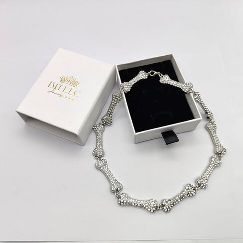 IMT-LLC Rhinestone Hip Hop Bone Pendant Necklace For Women Festival Crystal Chain Punk Choker Jewelry Silver Plated in Kuwait