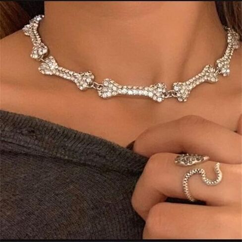 IMT-LLC Rhinestone Hip Hop Bone Pendant Necklace For Women Festival Crystal Chain Punk Choker Jewelry Silver Plated in Kuwait