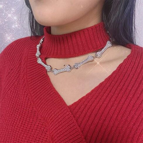 IMT-LLC Rhinestone Hip Hop Bone Pendant Necklace For Women Festival Crystal Chain Punk Choker Jewelry Silver Plated in Kuwait