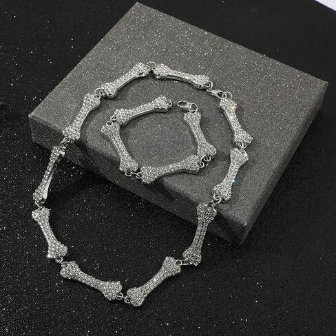 IMT-LLC Rhinestone Hip Hop Bone Pendant Necklace For Women Festival Crystal Chain Punk Choker Jewelry Silver Plated in Kuwait