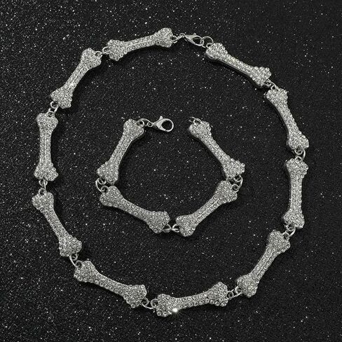 IMT-LLC Rhinestone Hip Hop Bone Pendant Necklace For Women Festival Crystal Chain Punk Choker Jewelry Silver Plated in Kuwait