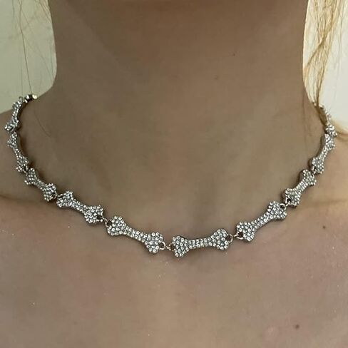 IMT-LLC Rhinestone Hip Hop Bone Pendant Necklace For Women Festival Crystal Chain Punk Choker Jewelry Silver Plated in Kuwait