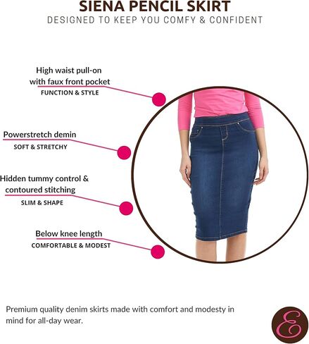 ESTEEZ High Waisted Pull-on Knee Length Stretch Denim Jean Skirt for Women - Siena in Kuwait