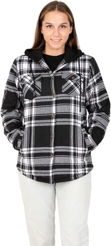 ZENTHACE Women's Quilted Lined Hooded Flannel Shirt Jacket Long Sleeve Plaid Jackets with Hand Pockets in Kuwait
