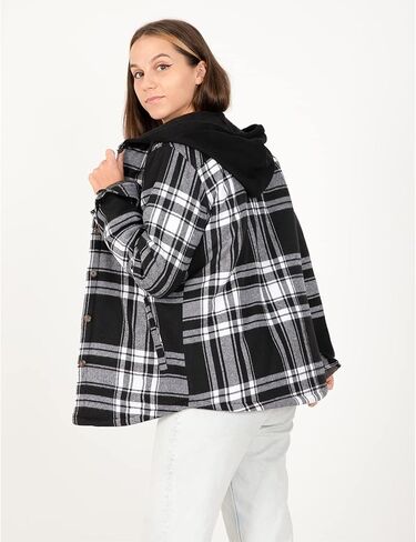 ZENTHACE Women's Quilted Lined Hooded Flannel Shirt Jacket Long Sleeve Plaid Jackets with Hand Pockets in Kuwait