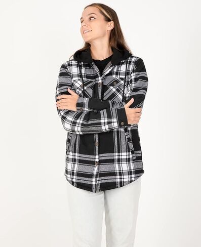 ZENTHACE Women's Quilted Lined Hooded Flannel Shirt Jacket Long Sleeve Plaid Jackets with Hand Pockets in Kuwait