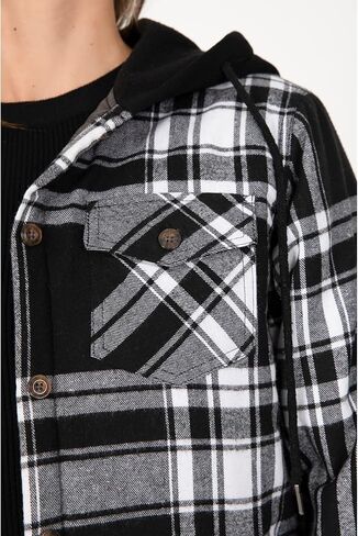 ZENTHACE Women's Quilted Lined Hooded Flannel Shirt Jacket Long Sleeve Plaid Jackets with Hand Pockets in Kuwait