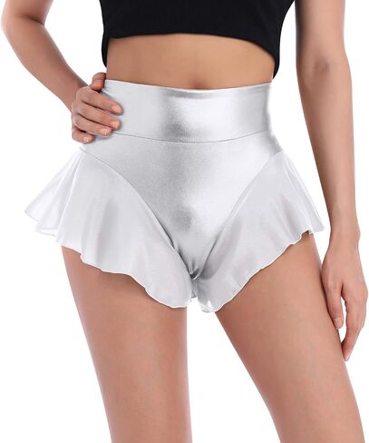 Womens Ruffle Shiny Rave Booty Shorts Dance Bottoms High Waist Mini Hot Pants Stage Yoga Active Dancewear in Saudi Arabia