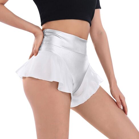 Womens Ruffle Shiny Rave Booty Shorts Dance Bottoms High Waist Mini Hot Pants Stage Yoga Active Dancewear in Saudi Arabia
