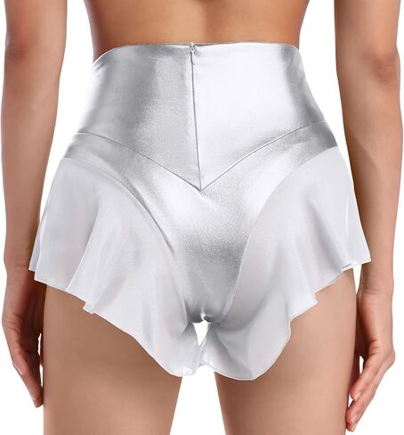 Womens Ruffle Shiny Rave Booty Shorts Dance Bottoms High Waist Mini Hot Pants Stage Yoga Active Dancewear in Saudi Arabia