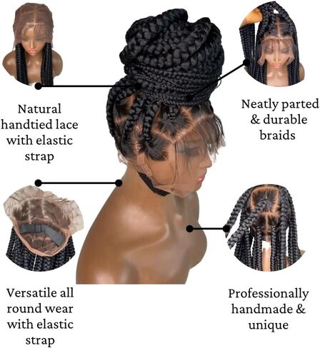 Braidsfashion 30 بوصة HD شعر مستعار مضفر كامل الدانتيل للنساء السود شعر بشري بدون غراء - مظهر طبيعي 360 درجة مصنوع يدويًا بدون عقد جامبو دانتيل ناعم شعر مستعار مجدول نانو ملتوي للإغلاق لسهولة الارتداء - أسود in Kuwait