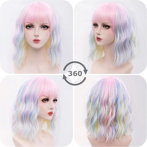 Taoeni Rainbow Wig With Bangs Short Colorful Wigs Costume Short Curly Bob Wigs For Girl Party Anime Wigs Synthetic Heat Resistant Shoulder Length Pink Wig For Daily Halloween Cosplay in Saudi Arabia