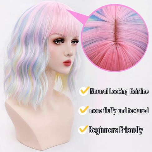 Taoeni Rainbow Wig With Bangs Short Colorful Wigs Costume Short Curly Bob Wigs For Girl Party Anime Wigs Synthetic Heat Resistant Shoulder Length Pink Wig For Daily Halloween Cosplay in Saudi Arabia
