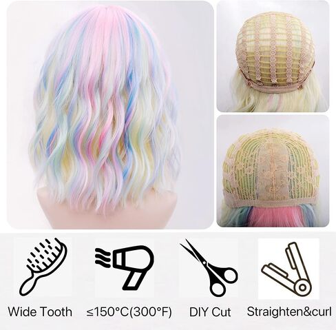 Taoeni Rainbow Wig With Bangs Short Colorful Wigs Costume Short Curly Bob Wigs For Girl Party Anime Wigs Synthetic Heat Resistant Shoulder Length Pink Wig For Daily Halloween Cosplay in Saudi Arabia