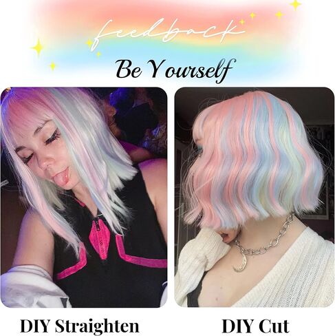 Taoeni Rainbow Wig With Bangs Short Colorful Wigs Costume Short Curly Bob Wigs For Girl Party Anime Wigs Synthetic Heat Resistant Shoulder Length Pink Wig For Daily Halloween Cosplay in Saudi Arabia